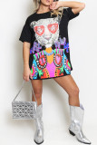 White Casual Animal Print Basic O Neck T-shirt Short Sleeve Dress