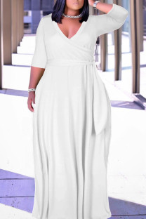 White Casual Solid Color Belted V Neck Long Dresses