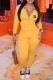 Yellow Casual Letter Print Patchwork Zipper Collar Skinny Jumpsuits