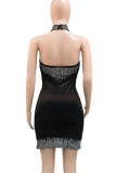 Black Sexy Patchwork See-Through Backless Mesh Hot Drill Half A Turtleneck Wrapped Skirt Dresses