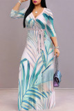 Green Street Daily Leaf Print Lace Up Contrast V Neck Printed Dresses