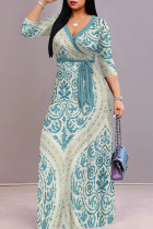 Cyan Casual Print Patchwork Strap Design V Neck Long Dresses