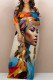 Apricot Casual Street Figure Print Off Shoulder Printed Dresses