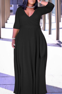 Black Casual Solid Color Belted V Neck Long Dresses