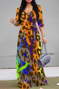 Orange Casual Street Leopard Print Lace Up Contrast V Neck Printed Dresses