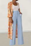 Blue Casual Daily Letter Print Buttons Zipper Loose High Waist Straight Positioning Print Bottoms