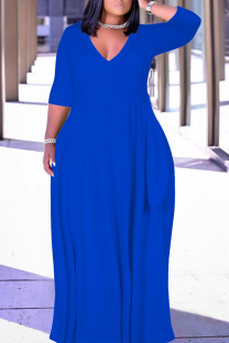 Blue Casual Solid Color Belted V Neck Long Dresses