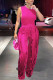 Rose Red Casual Solid Color Fringed Trim O Neck Sleeveless Two Pieces