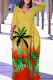 Green Yellow Casual Print Patchwork Belted V Neck Long Dresses