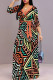 Orange Casual Print Patchwork Strap Design V Neck Long Dresses