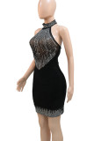 Black Sexy Patchwork See-Through Backless Mesh Hot Drill Half A Turtleneck Wrapped Skirt Dresses