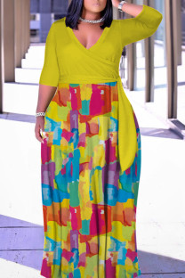 Yellow Casual Print Patchwork Belted V Neck Long Dresses