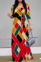 Multicolor Casual Street Geometric Print With Belt Contrast V Neck Printed Dresses