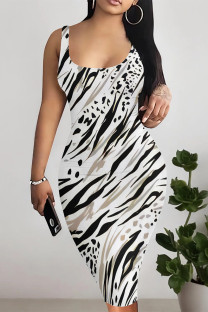 Black White Sexy Geometric Print Contrast U Neck Printed Dresses