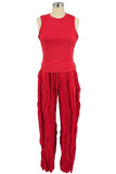 Red Casual Solid Color Fringed Trim O Neck Sleeveless Two Pieces