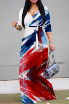 Red Blue Casual Street Geometric Print With Belt Contrast V Neck Printed Dresses