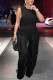Black Casual Solid Color Fringed Trim O Neck Sleeveless Two Pieces