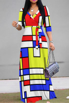 Multicolor Casual Street Daily Geometric Print With Belt Contrast V Neck Printed Dresses