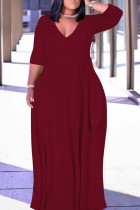 Deep Red Casual Solid Color Belted V Neck Long Dresses