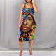 Multicolor Street Print Patchwork Square Neck Wrapped Skirt Dresses