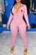 Pink Casual Letter Print Patchwork Zipper Collar Skinny Jumpsuits