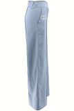 Blue Casual Daily Letter Print Buttons Zipper Loose High Waist Straight Positioning Print Bottoms