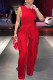 Red Casual Solid Color Fringed Trim O Neck Sleeveless Two Pieces