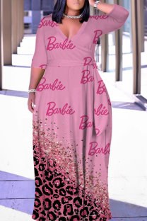Pink Casual Print Patchwork Belted V Neck Long Dresses