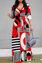 Red Casual Street Daily Geometric Print With Belt Contrast V Neck Printed Dresses