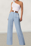 Blue Casual Daily Letter Print Buttons Zipper Loose High Waist Straight Positioning Print Bottoms