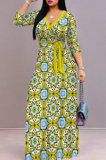 Blue Yellow Casual Print Patchwork Strap Design V Neck Long Dresses