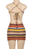 Multi-color Sexy Stripe Patchwork Backless Strap Design Halter Wrapped Skirt Dresses