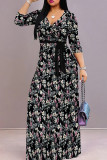 Black White Casual Print Patchwork Strap Design V Neck Long Dresses