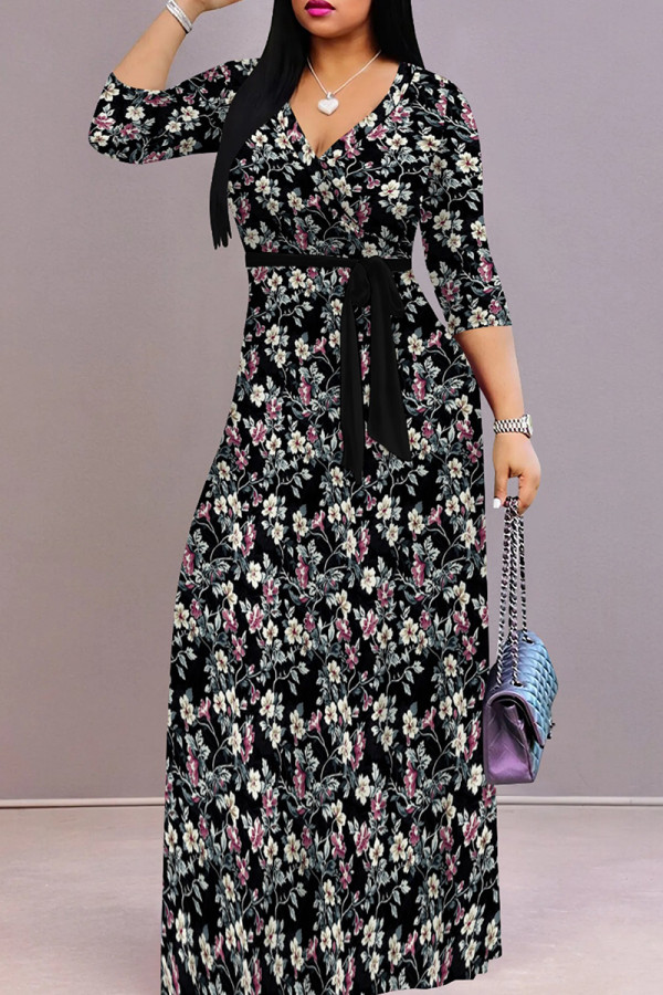 Black White Casual Print Patchwork Strap Design V Neck Long Dresses