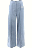 Blue Casual Daily Letter Print Buttons Zipper Loose High Waist Straight Positioning Print Bottoms