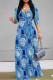 Blue Casual Street Geometric Print With Belt Contrast V Neck Printed Dresses