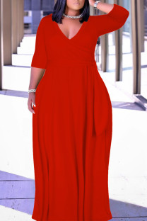 Red Casual Solid Color Belted V Neck Long Dresses