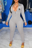 Pink Casual Letter Print Patchwork Zipper Collar Skinny Jumpsuits