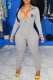 Grey Casual Letter Print Patchwork Zipper Collar Skinny Jumpsuits