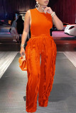 Orange Casual Solid Color Fringed Trim O Neck Sleeveless Two Pieces