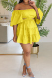 Black Casual Solid Color Hollow Out Patchwork Backless Off Shoulder Cake Skirt Dresses