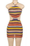 Multi-color Sexy Stripe Patchwork Backless Strap Design Halter Wrapped Skirt Dresses