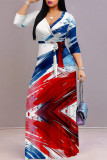 Blue Pink Casual Street Geometric Print With Belt Contrast V Neck Printed Dresses