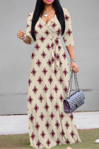 Beige Casual Street Geometric Print With Belt Contrast V Neck Printed Dresses