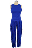Blue Casual Solid Color Fringed Trim O Neck Sleeveless Two Pieces