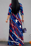 Dark Blue Red Casual Street Geometric Print The stars Lace Up Contrast V Neck Printed Dresses