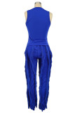 Blue Casual Solid Color Fringed Trim O Neck Sleeveless Two Pieces