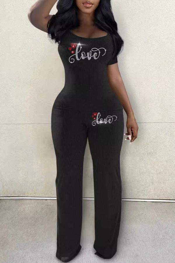 Black Casual Letters Patchwork Hot Drill U Neck Short Sleeve Two Pieces