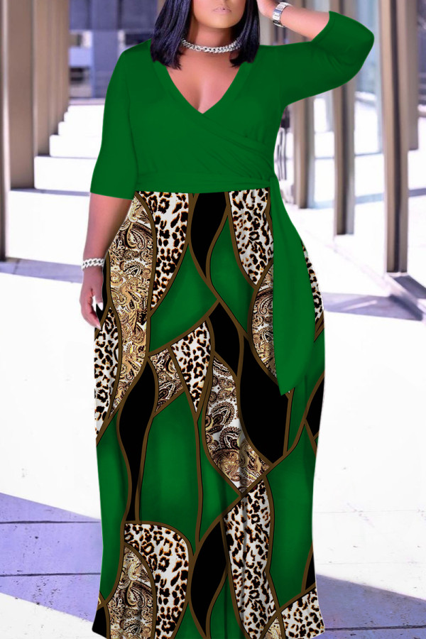 Green Casual Print Patchwork Belted V Neck Long Dresses