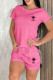 Pink Casual Letters Pocket Lace Up Patchwork O Neck Short Sleeve Two Pieces